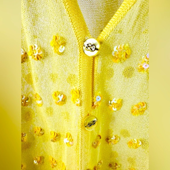 ESCADA Mesh Sequined Beaded Sheer Knit Bright Yellow Cardigan Sweater Size 38 - Picture 10 of 15
